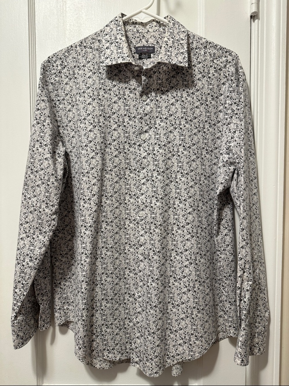 Van Heusen White Dress Shirt with Black and Gray Micro Floral Print